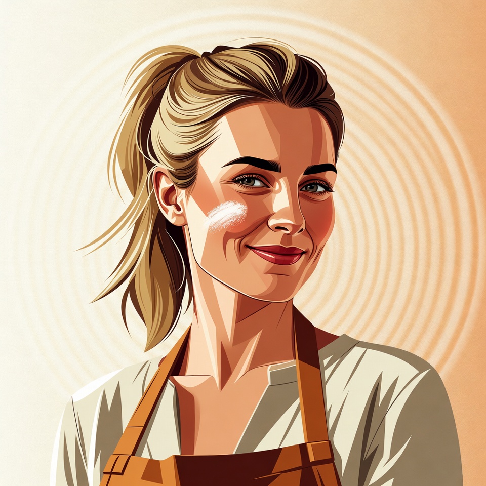 Anni Baum, a blonde baker with a high ponytail and a smudge of flour on her cheek, in front of baumkuchen rings